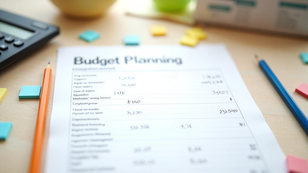 Plánování rozpočtu na papíře s barevnými tužkami a poznámkami