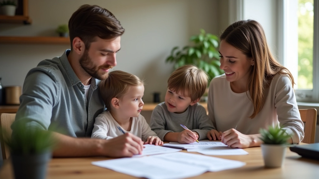 Rodina se sešla u stolu a plánuje domácí rozpočet s podklady a notebookem