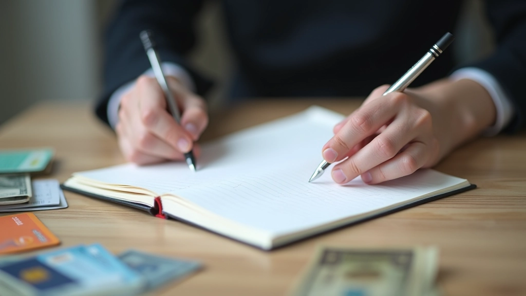 Ruka psací perem v otevřeném notebooku, na stole jsou karty a bankovky