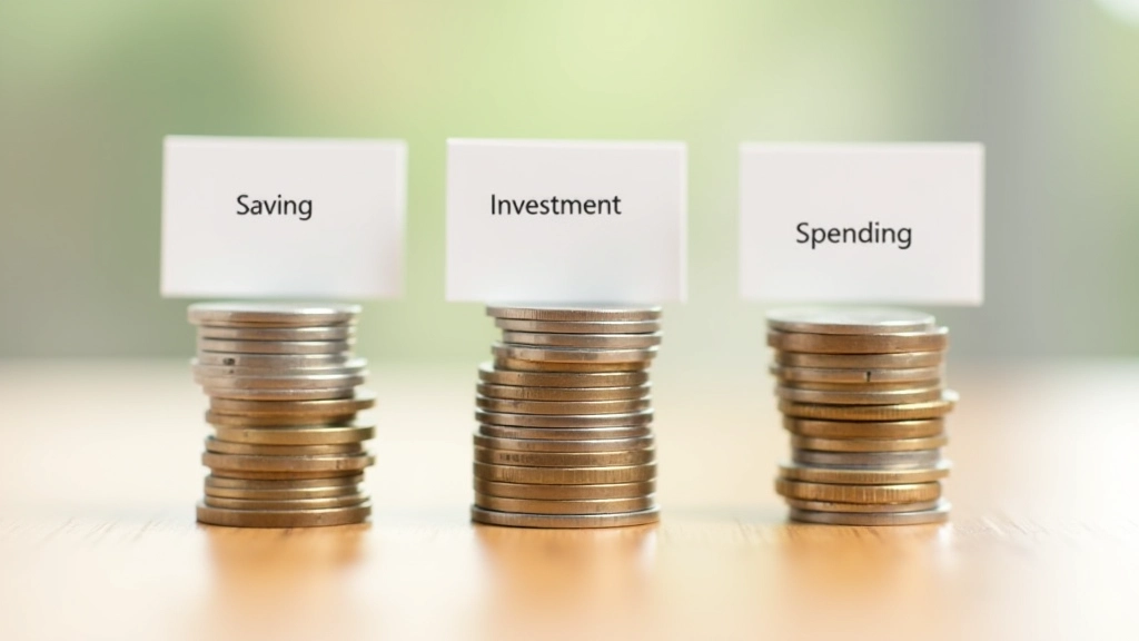 Tři skupiny mincí v řadě, každá s označením na papíře, představující rozdělení financí