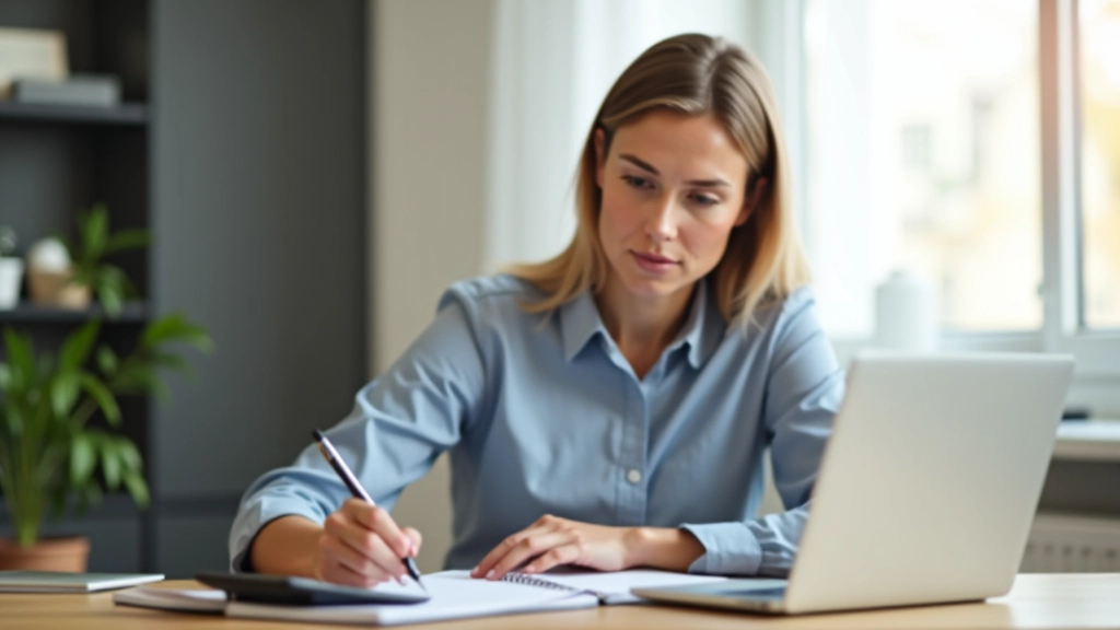 Žena sedí u stolu s notebookem a kalkulačkou, plánuje svůj rozpočet